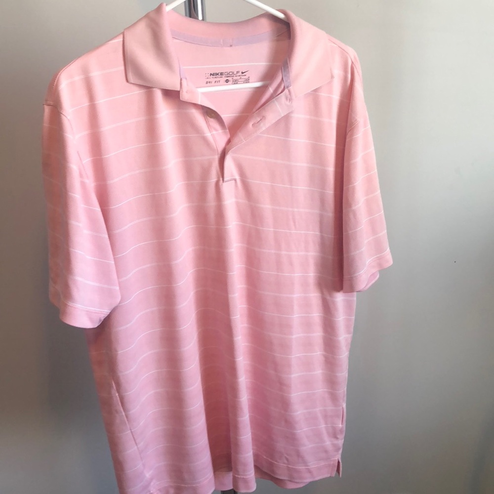 Men’s Nike pink/white striped dri-fit golf polo